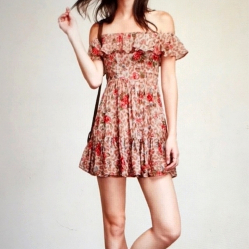 Reformation Bonnie Dress Barbet Floral Rose Off Shoulder Mini Dress